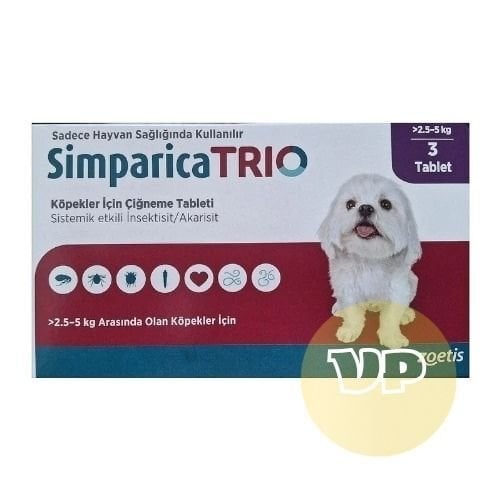 Simparica Trio 2.5 - 5 Kg Arası Köpekler İçin İç Dış Parazit Tableti ( 1 Kutu 3 Tablet İçerir )SKT:02.2027