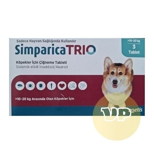 Simparica Trio 10 - 20  Kg Arası Köpekler İçin İç Dış Parazit Tableti ( 1 Kutu 3 Tablet İçerir )SKT:03.2027